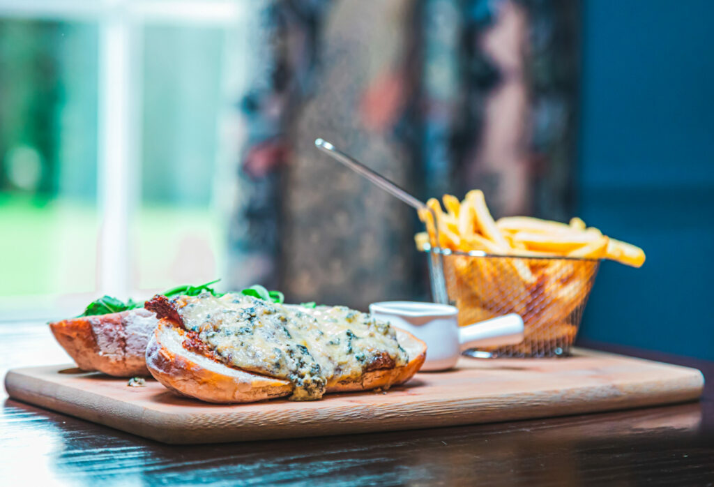 9 - STEAK _ BLUE CHEESE BURGER FOOD DISH - Donnington Grove Hotel 2022 - Hotel Restaurant _ Bar - Hotel _ Restaurant Food Photography By KW Creative - Kent Wynne Photography (C)